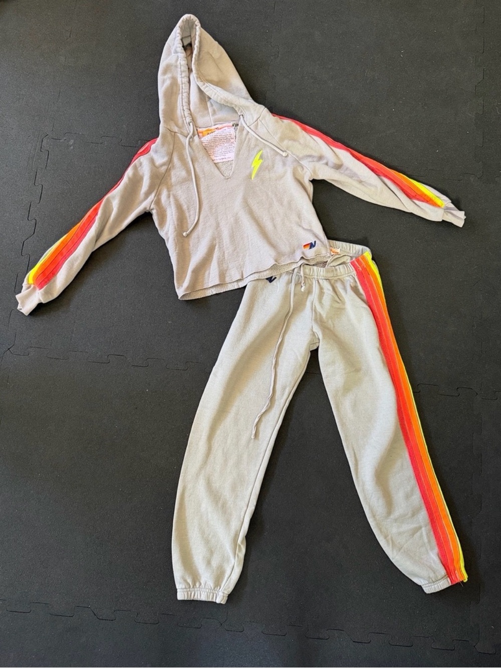 Aviator Nation Gray Hoodie & Joggers with Red-Orange-Yellow Stripes